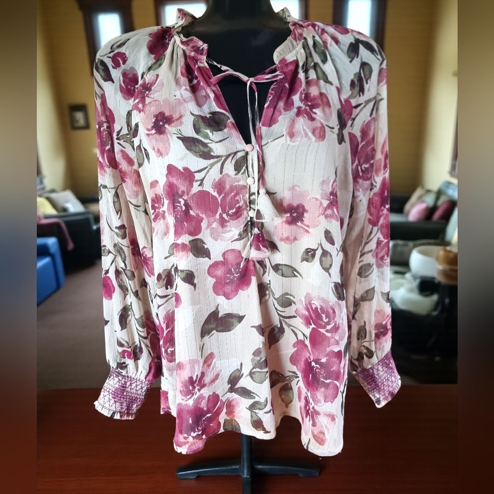 Autres Filles Floral Pink & Beige Long Sleeve Blouse With Metallic Stripes Sz L